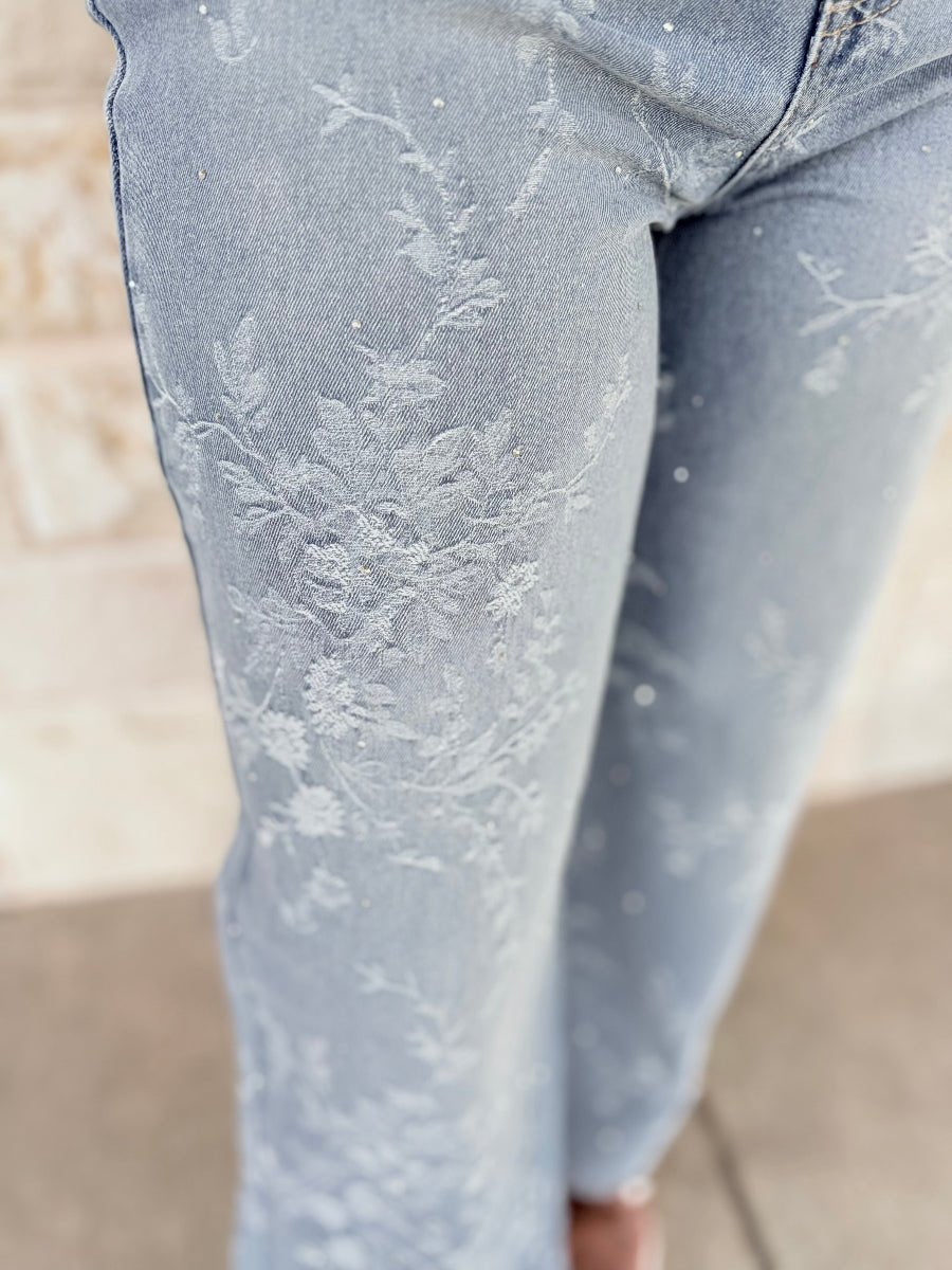 High-Rise Embossed Floral Wide Leg Jeans