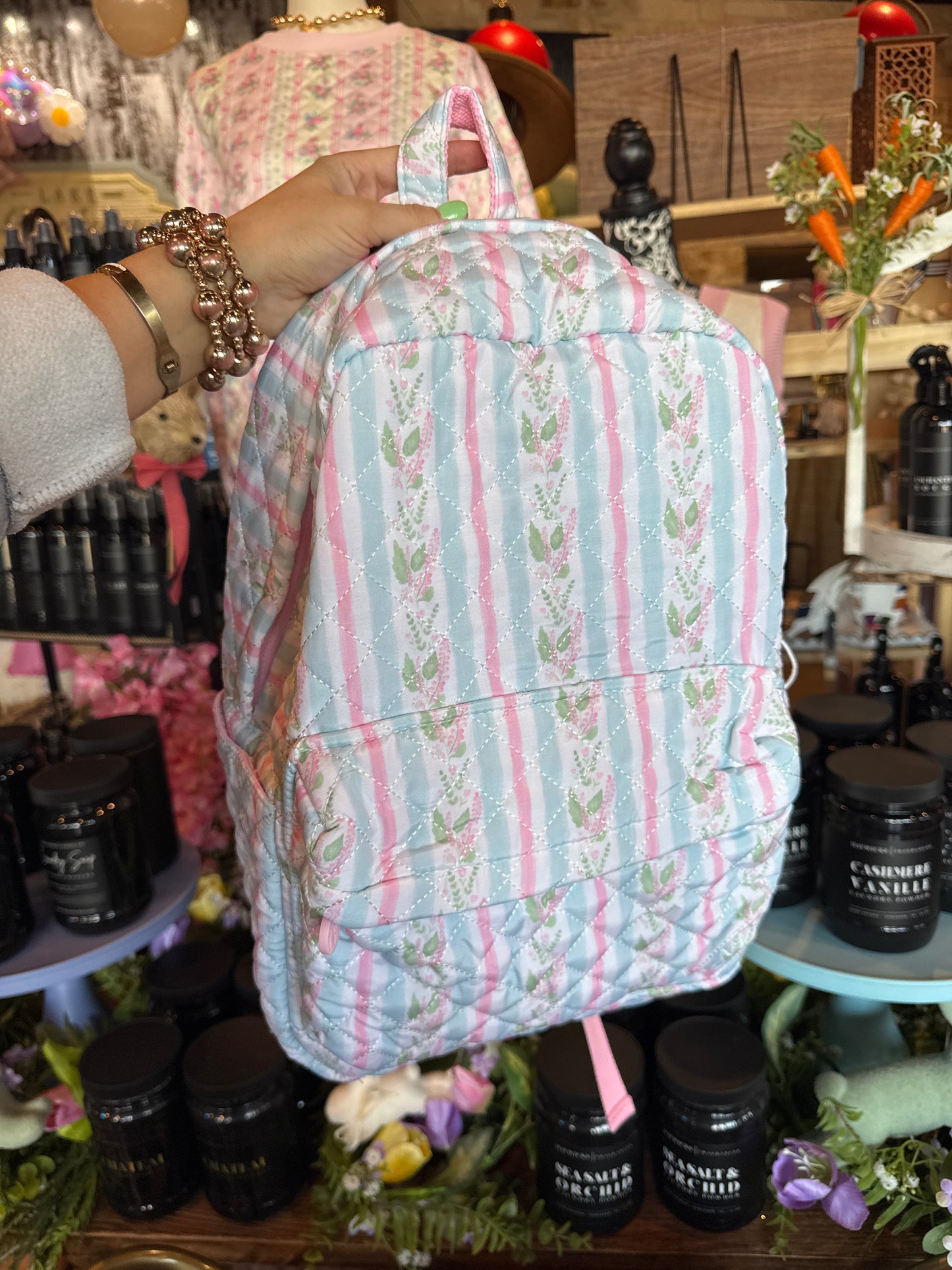 Blue Floral Stripe Quilted Backpack