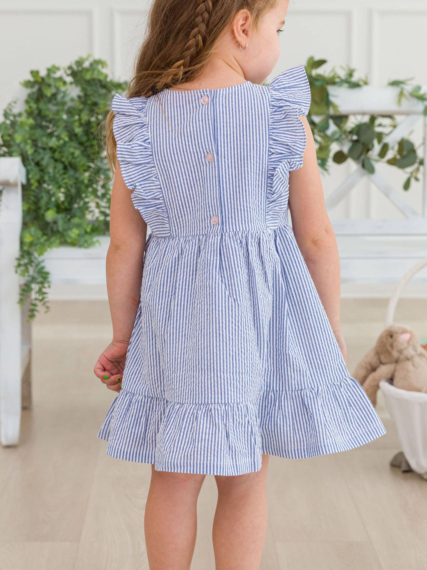 Girls Classic Blue Seersucker Pinafore Bow Dress
