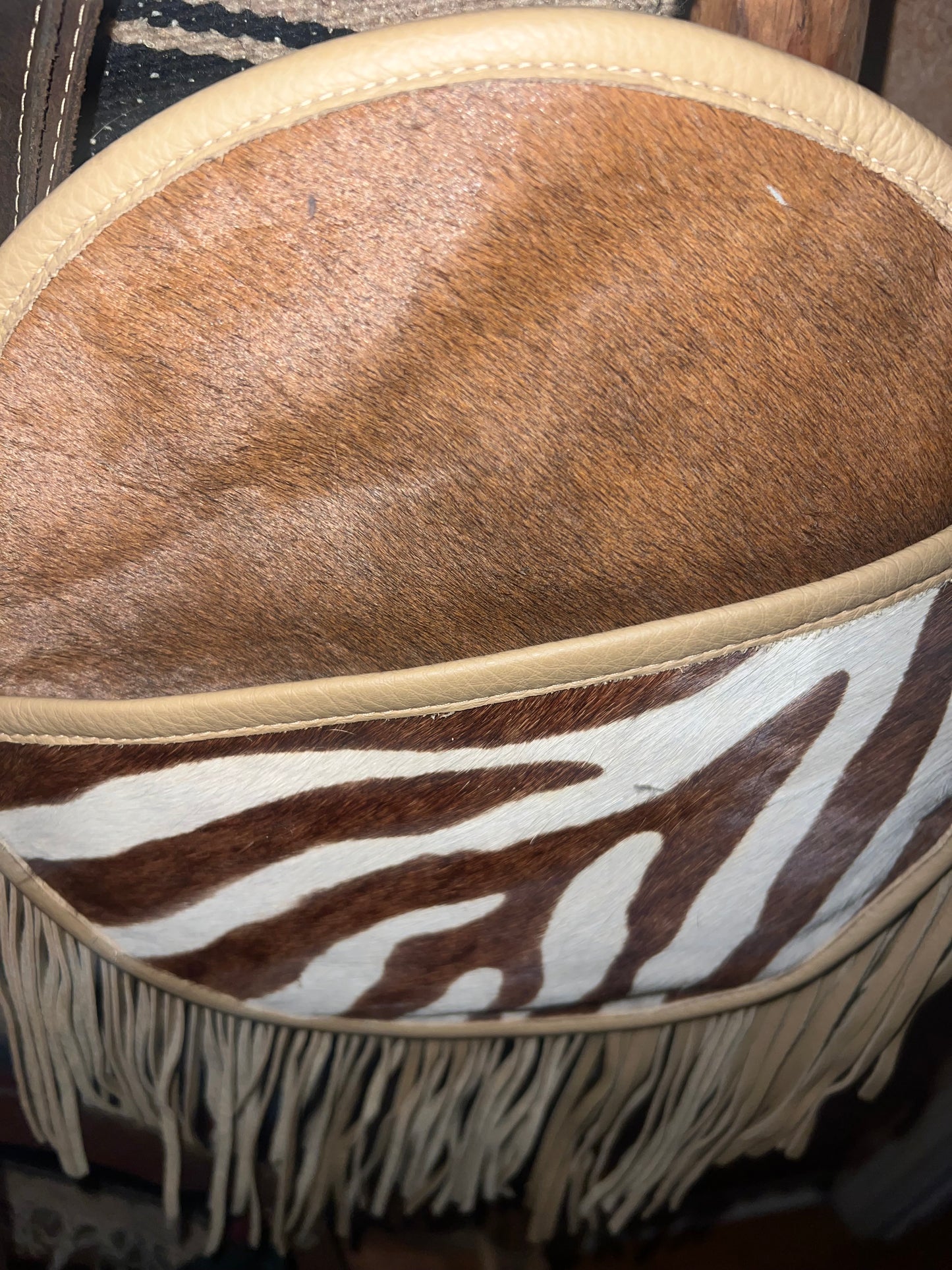 Zebra & Italian Leather Round Fringe Crossbody
