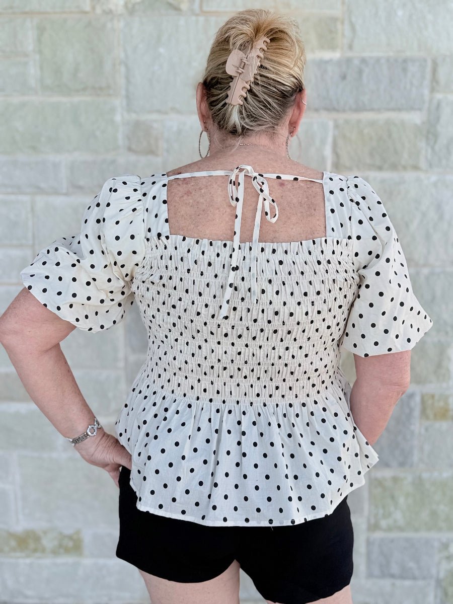 Vintage Charm Polka Dot Smocked Peplum Blouse-Feminine Puff Sleeve Woven Top