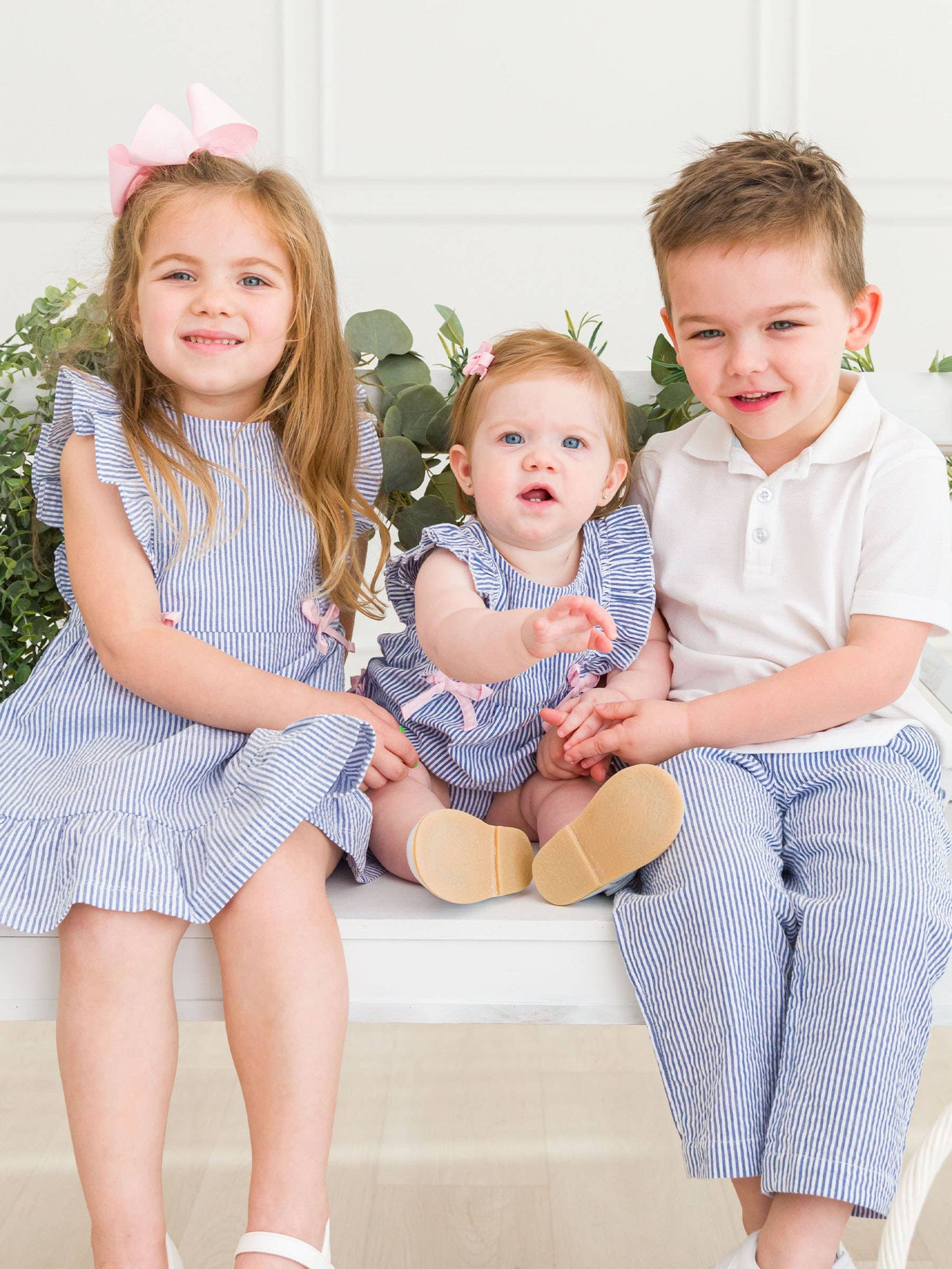 Girls Classic Blue Seersucker Pinafore Bow Dress