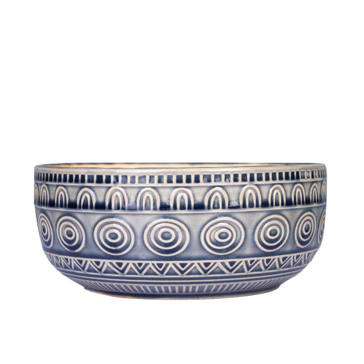 Ceramic 8" diameter blue planter with circular designs
