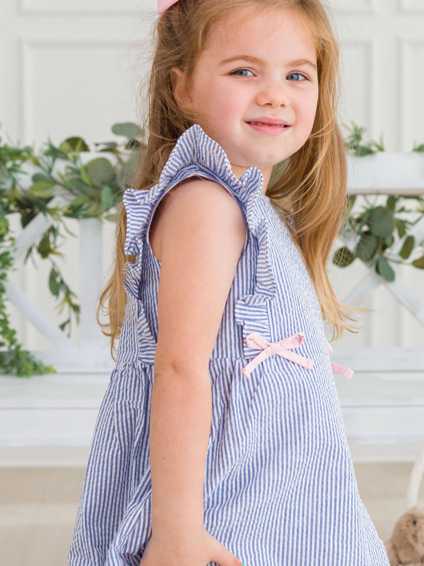 Girls Classic Blue Seersucker Pinafore Bow Dress