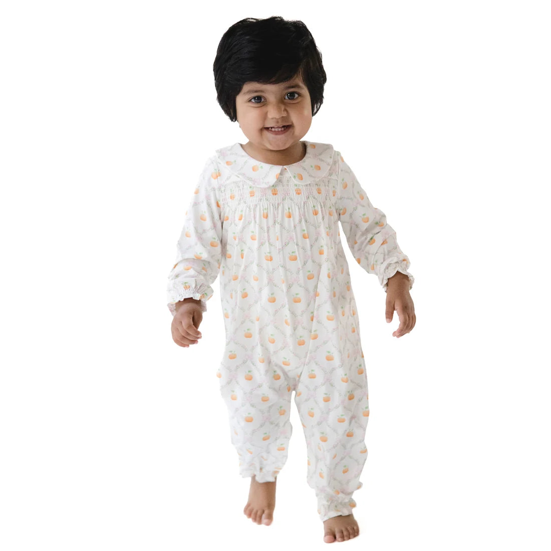 Pretty Pumpkin Trellis  Smocked Long Sleeve Romper