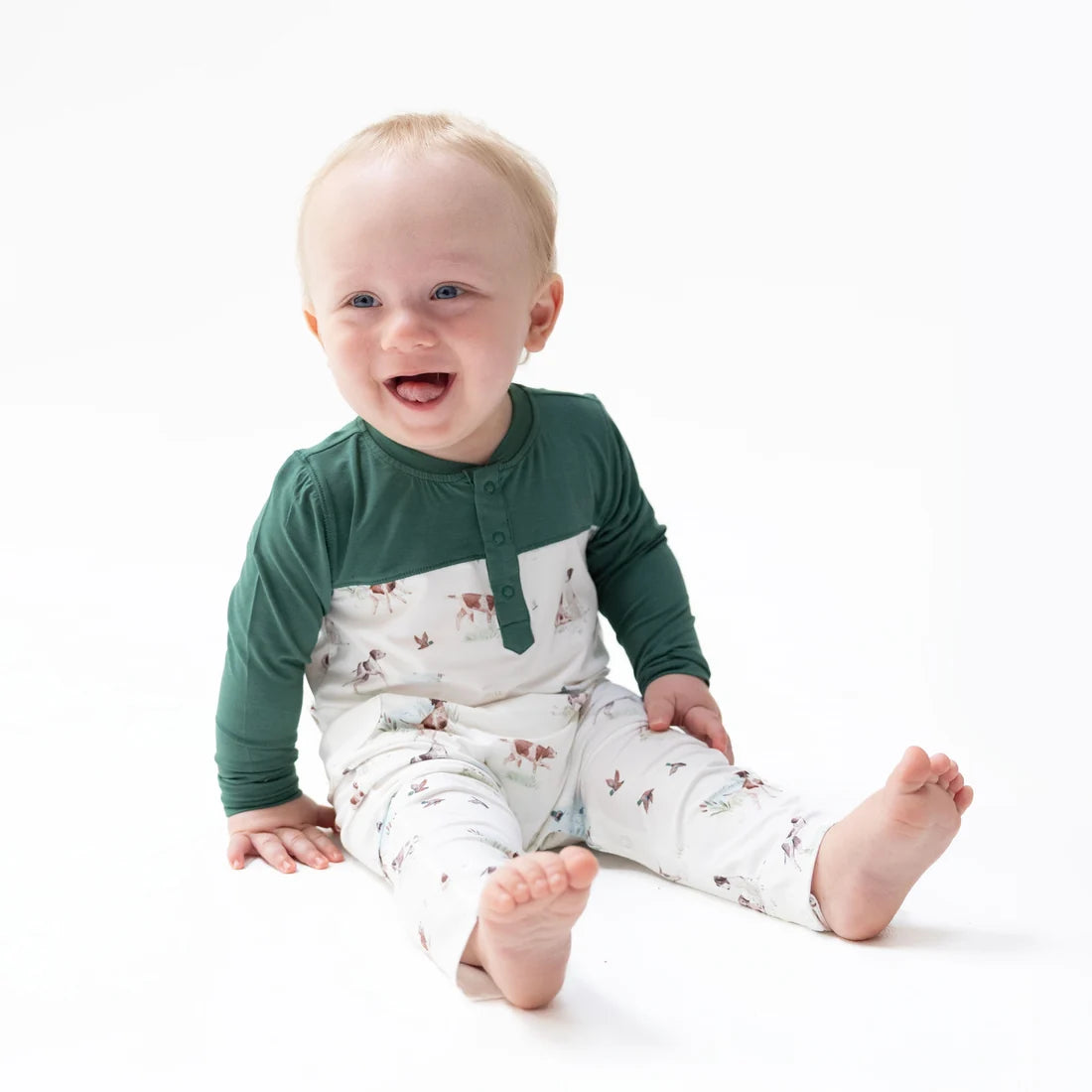 Pointer Pups and Duck Buddies  Romper with Contrast Sleeves