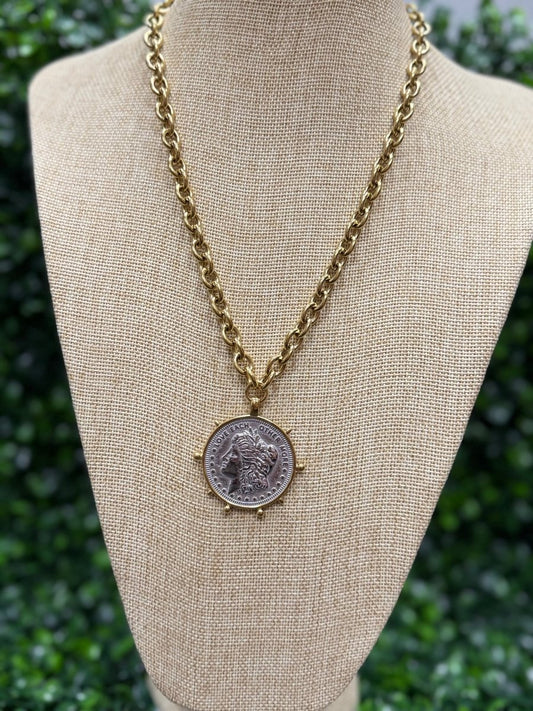 Love Each Other More" Silver Coin & 18K Gold Loop Necklace