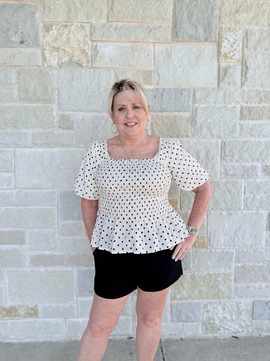 Vintage Charm Polka Dot Smocked Peplum Blouse-Feminine Puff Sleeve Woven Top