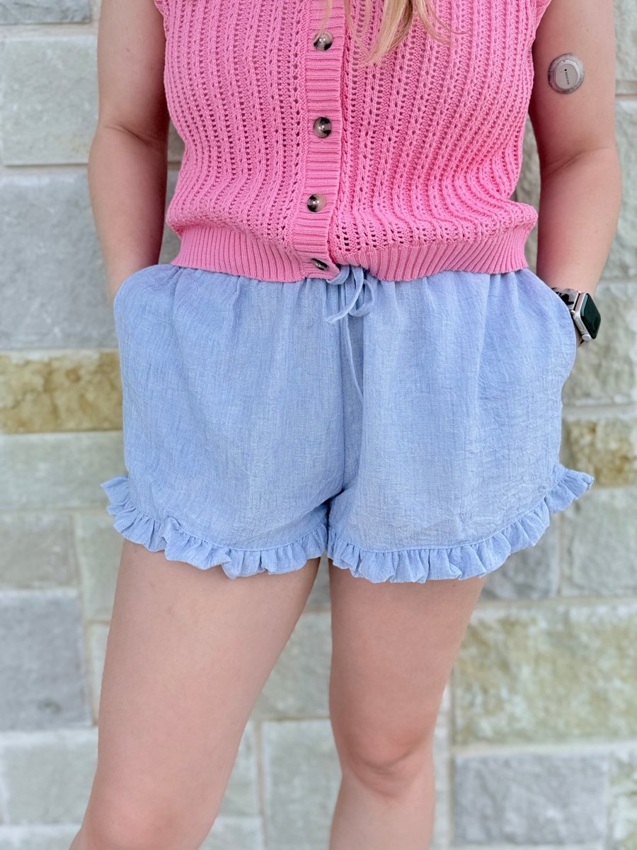 Ruffle Trim Drawstring Shorts with Pockets