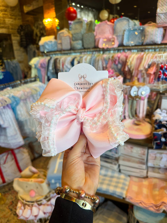Pink Pearl and Lace Bow-Small