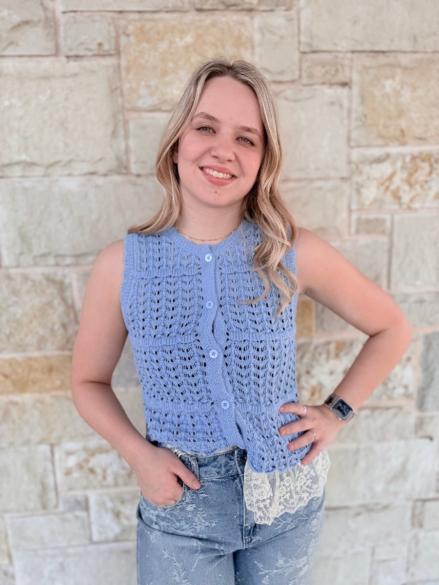 Aria Light Blue Lace-Trim Short Sleeve Sweater Cardigan