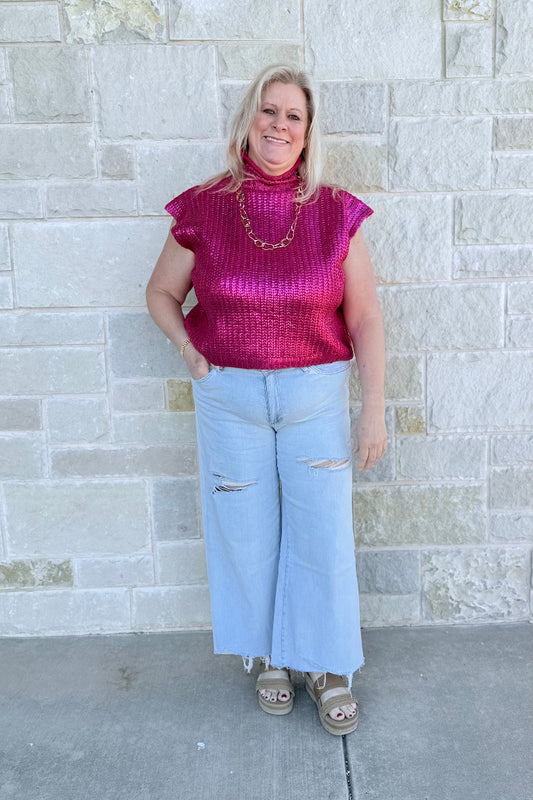 Aurora Pink Metallic Foil Sleeveless Knit Sweater