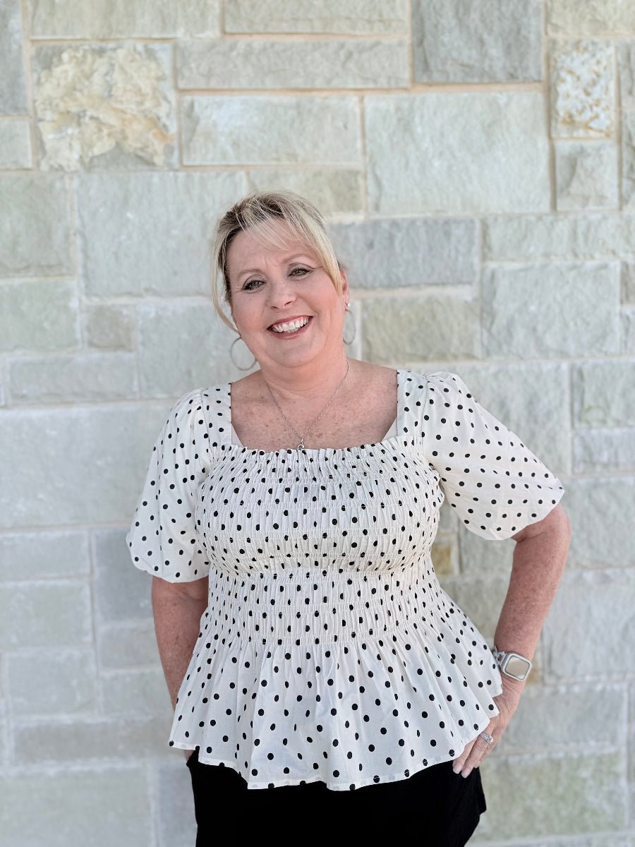 Vintage Charm Polka Dot Smocked Peplum Blouse-Feminine Puff Sleeve Woven Top