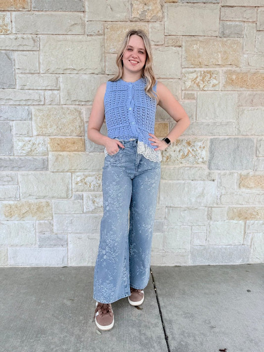 High-Rise Embossed Floral Wide Leg Jeans