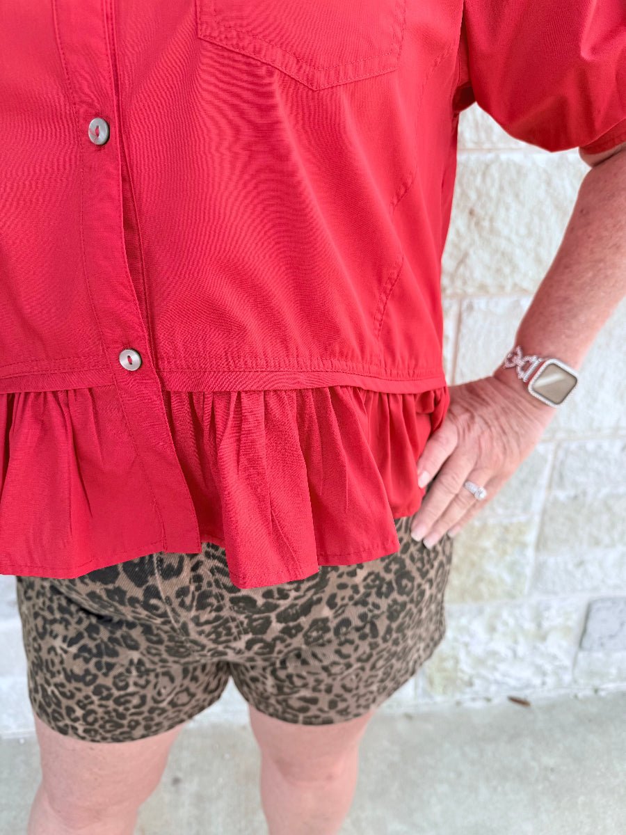The Everly Ruffle Hem Short Sleeve Button-Down Blouse