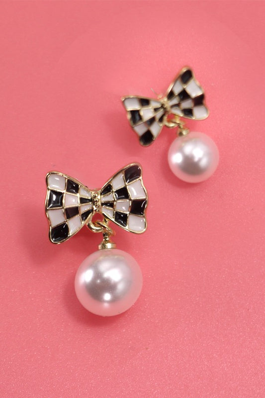 Checking It Out Post Drop Bow & Pearl Earrings