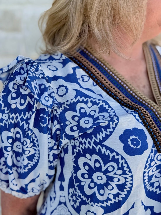 Boho Print V-Neck Puff Sleeve Top with Patchwork Trim