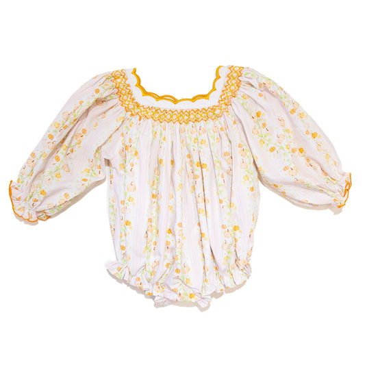 Girls Sweet Pumpkins Scalloped Collar Smocked Bubble