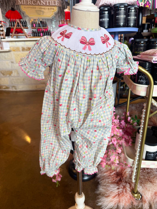 Pink Rose Smocked Bow Romper