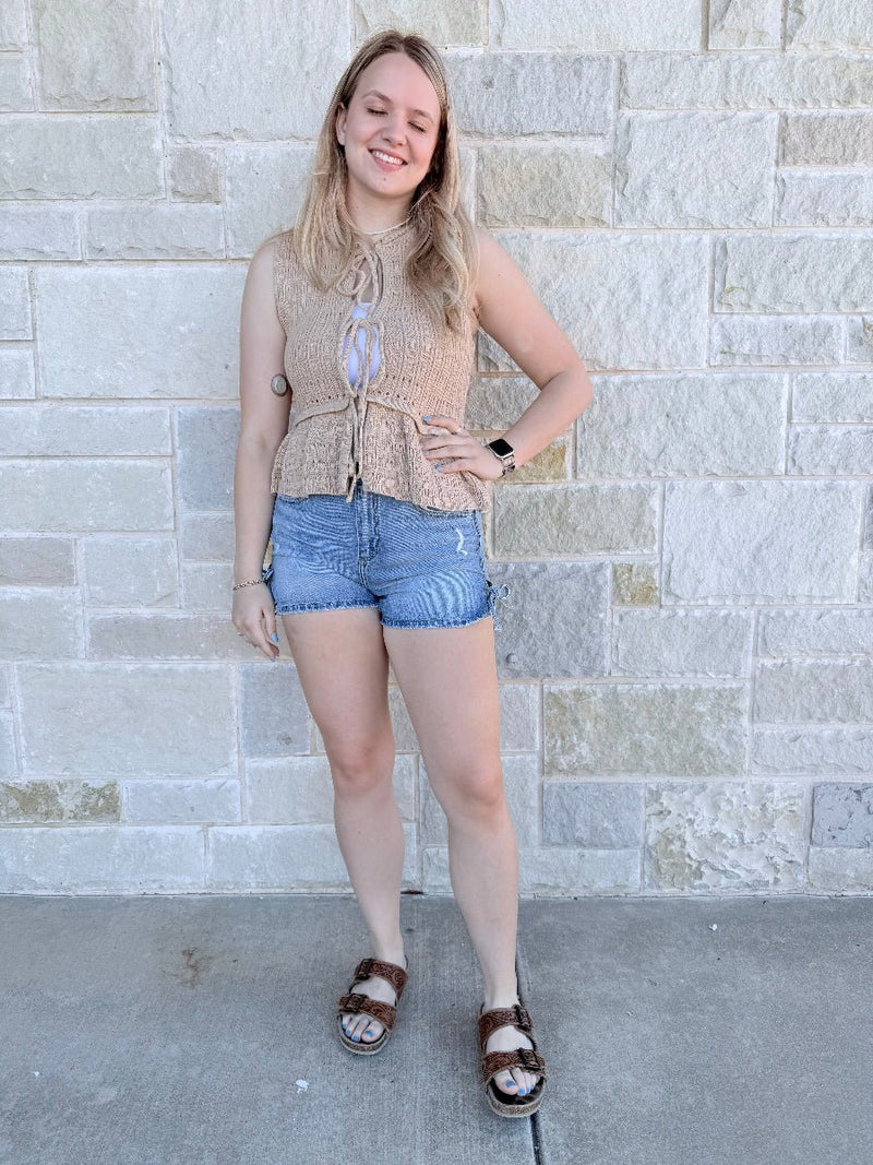 Emberly Taupe Ruffled Tie-Front Sweater Vest