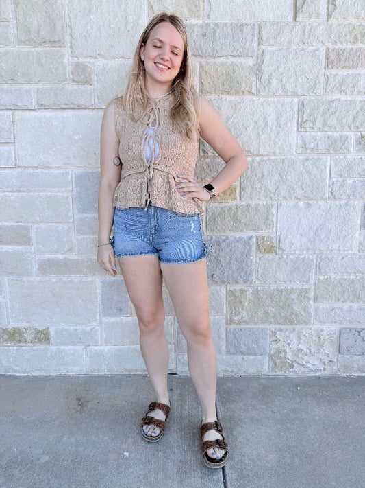 Emberly Taupe Ruffled Tie-Front Sweater Vest