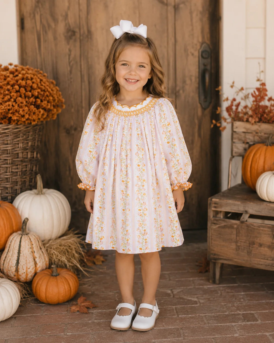Girls Sweet Pumpkins Scalloped Collar Smocked Dress