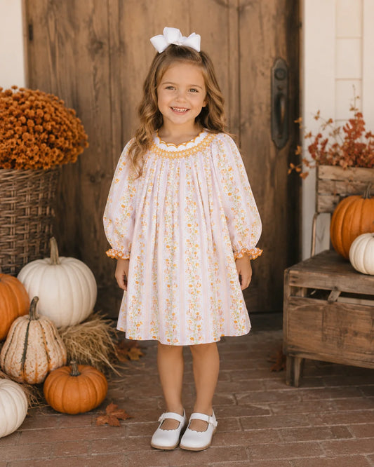 Girls Sweet Pumpkins Scalloped Collar Smocked Dress
