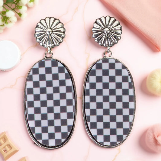 Race To The Finish Line Black & White Post Drop Earrings