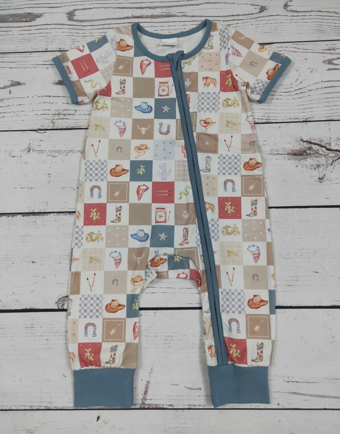 Western Print baby boy romper with zipper