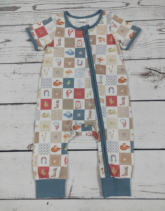 Western Print baby boy romper with zipper