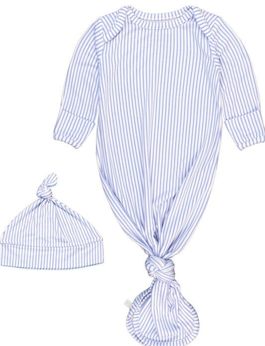 Periwinkle and white stripe knotted gown and hat set