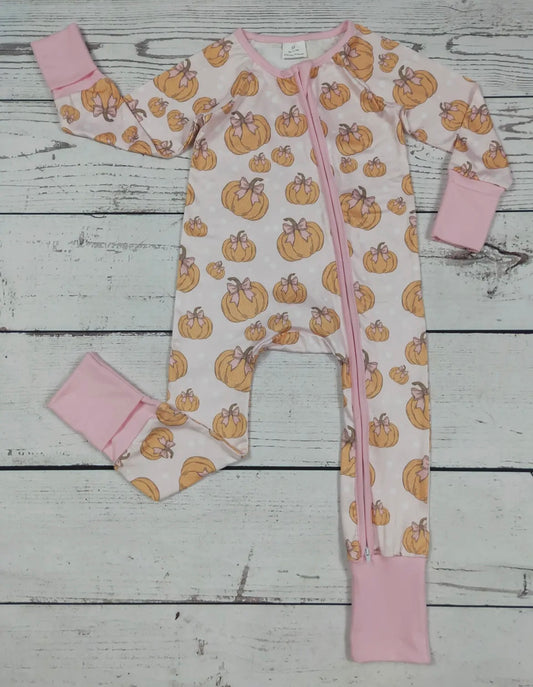 Pumpkin bow printed baby girl sleeper with zipper