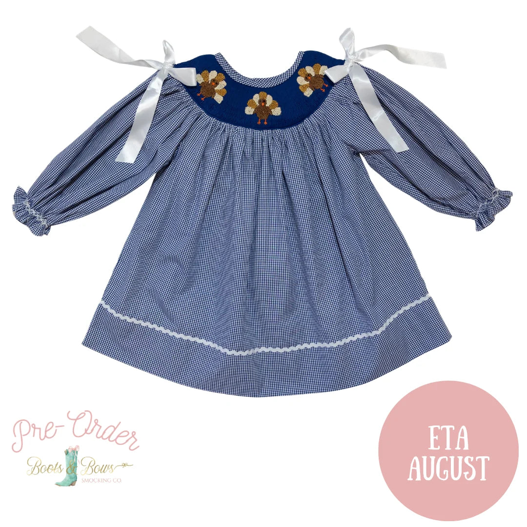 Girls Navy Gingham Smocked Turkey Dress