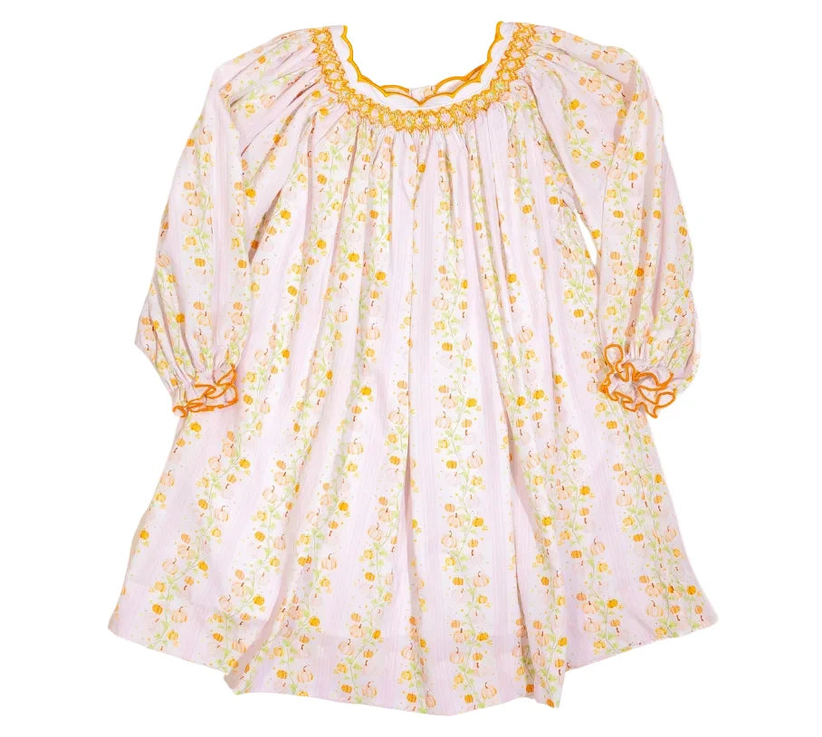 Girls Sweet Pumpkins Scalloped Collar Smocked Dress