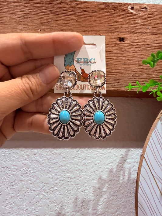 What A Sight Turquoise & Silver Rhinestone Post Drop Earrings