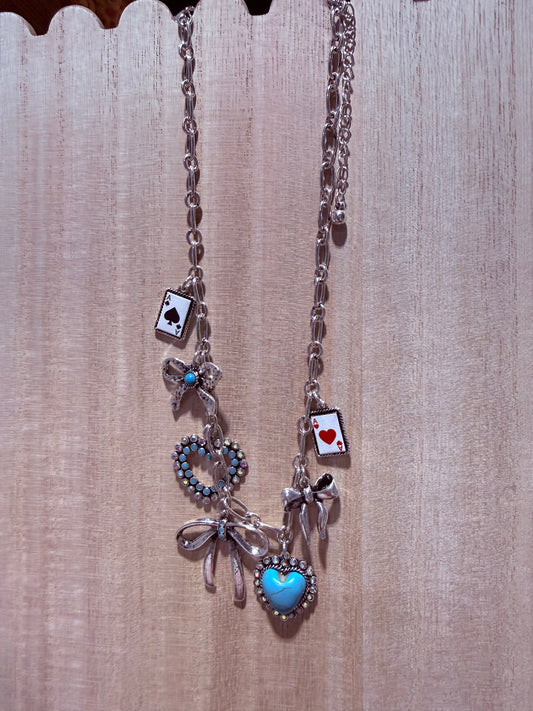 Play Your Cards Right Bow Turquoise & Rhinestone Western Necklace