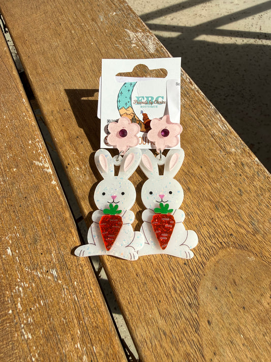Spring Forward Glitter Bunny Acrylic Post Drop Earrings