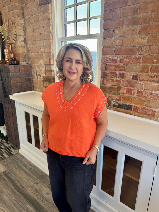 Kathren V-Neck Top - Orange/Pink