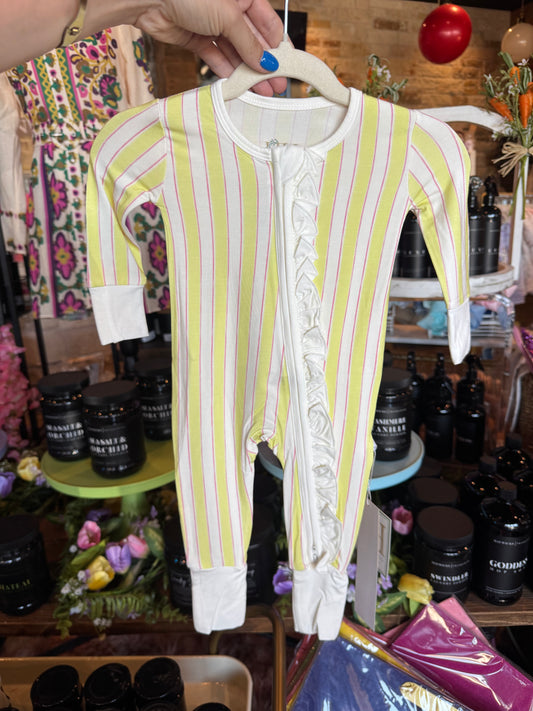 Girls Yellow striped Ruffle Double Zip Romper