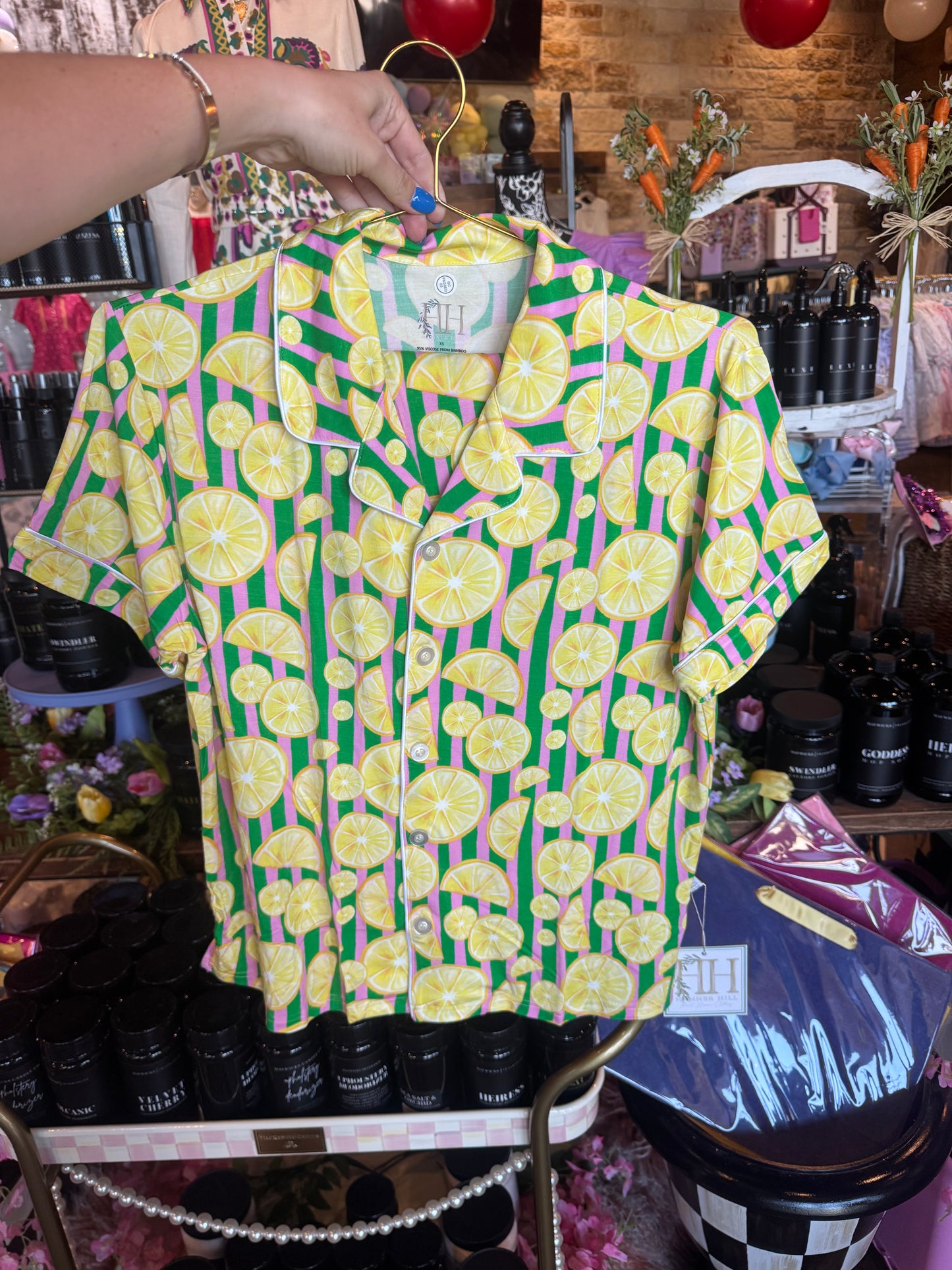 Women's Lemon Short Sleeve Button Down Lounge Set
