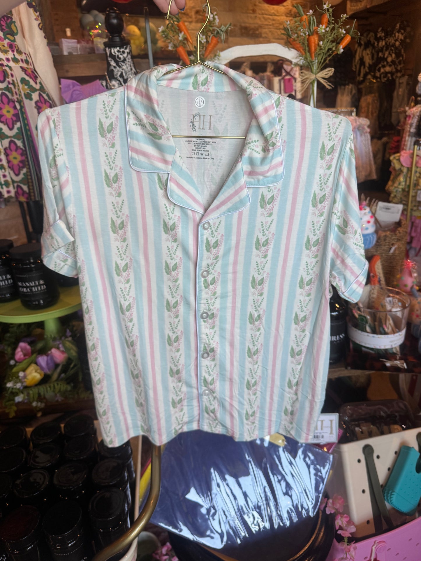 Women's Blue floral stripes button down shorts Lounge Set