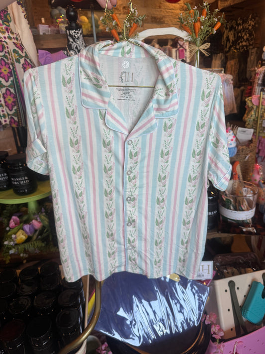 Women's Blue floral stripes button down shorts Lounge Set
