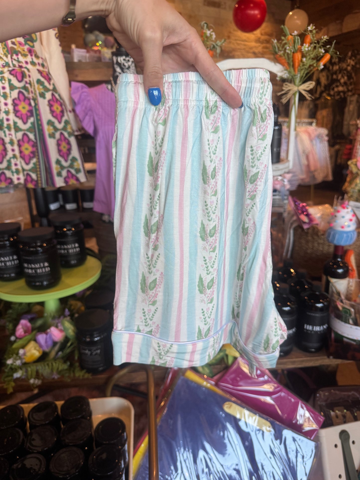 Women's Blue floral stripes button down shorts Lounge Set