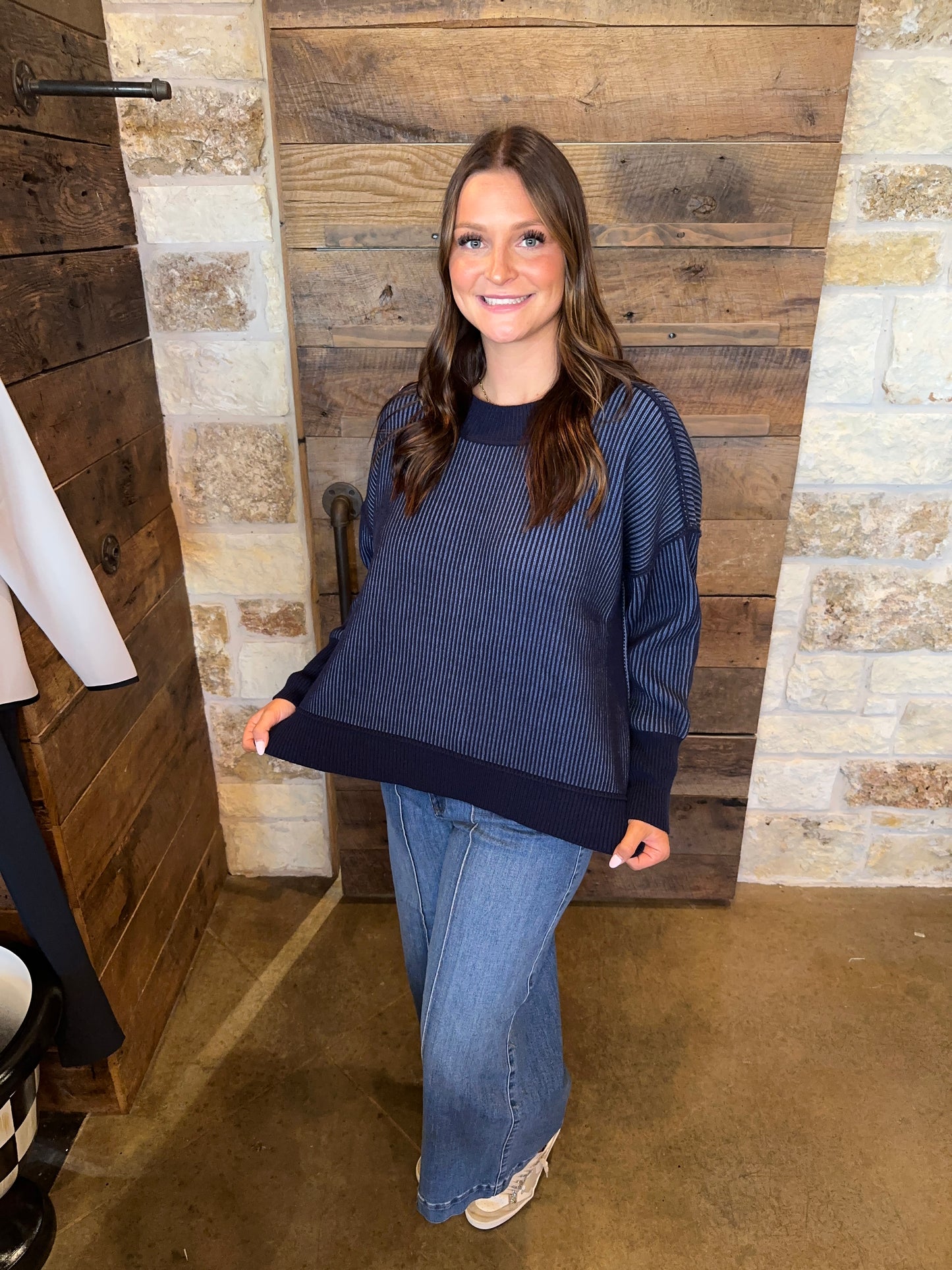 Lily Two Toned Ribbed Knit Sweater Navy/Dusty Blue