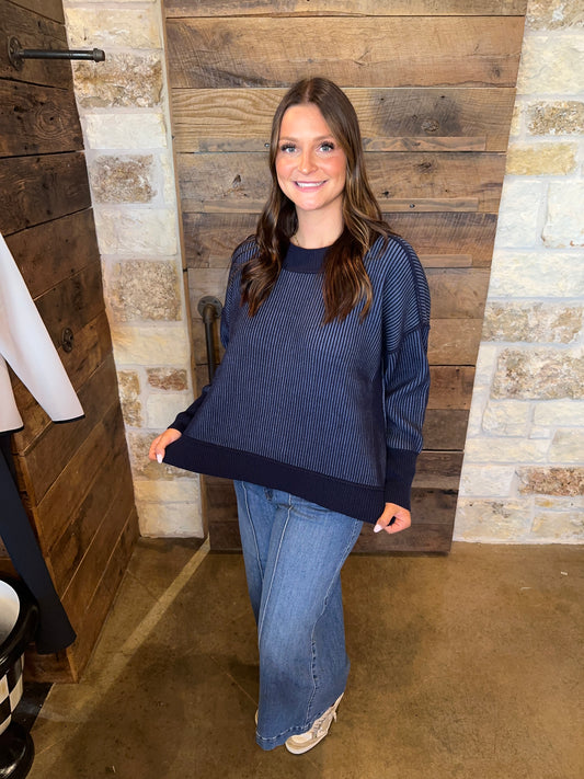 Lily Two Toned Ribbed Knit Sweater Navy/Dusty Blue
