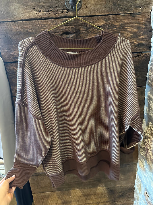 Lily Two Toned Ribbed Knit Sweater Brown