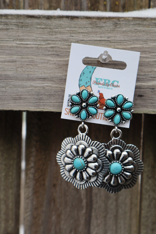 Laura Jean Turquoise & Silver Rhinestone Post Drop Earrings