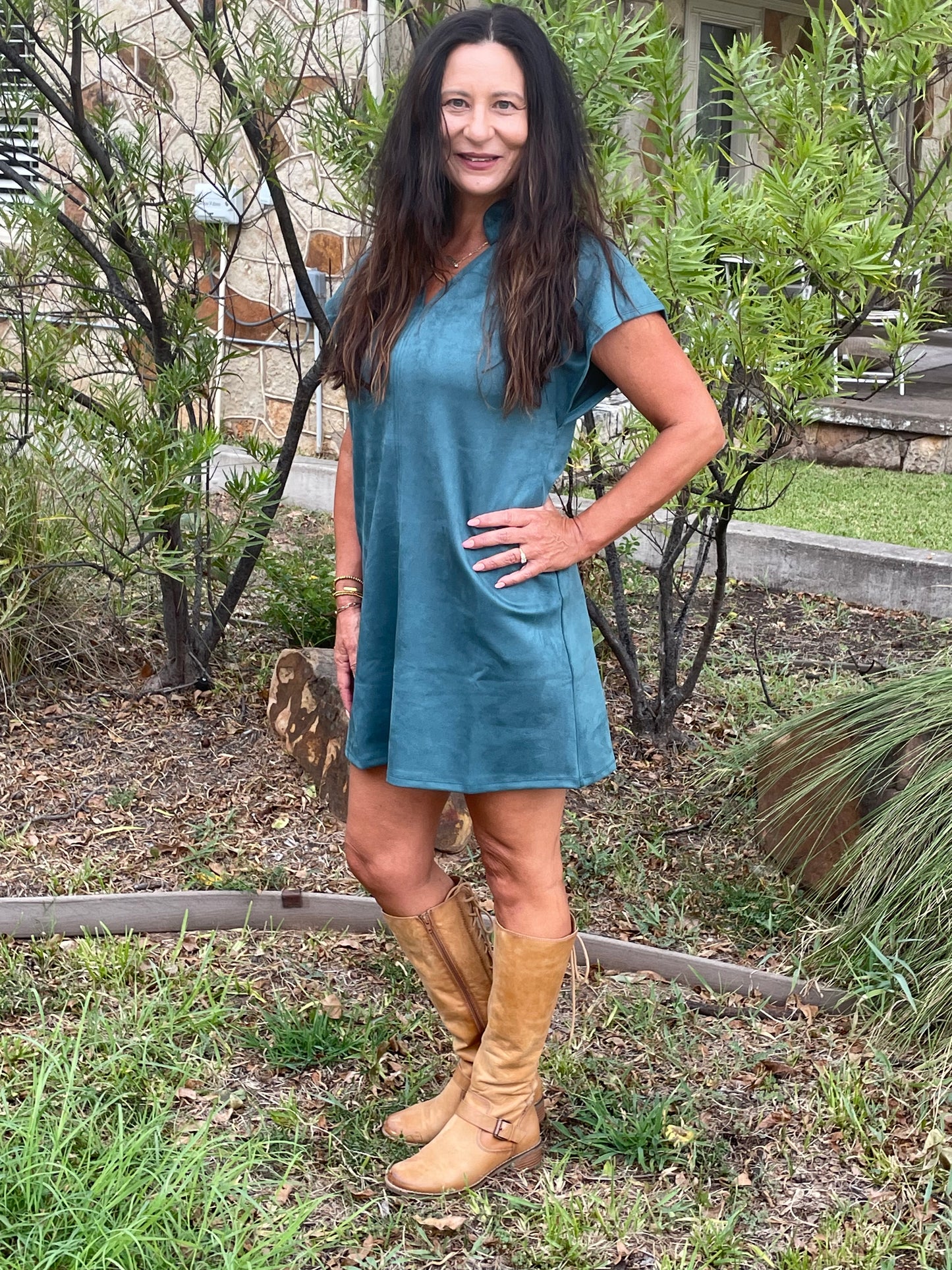 Aline Dress Teal Suede