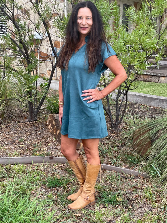 Aline Dress Teal Suede