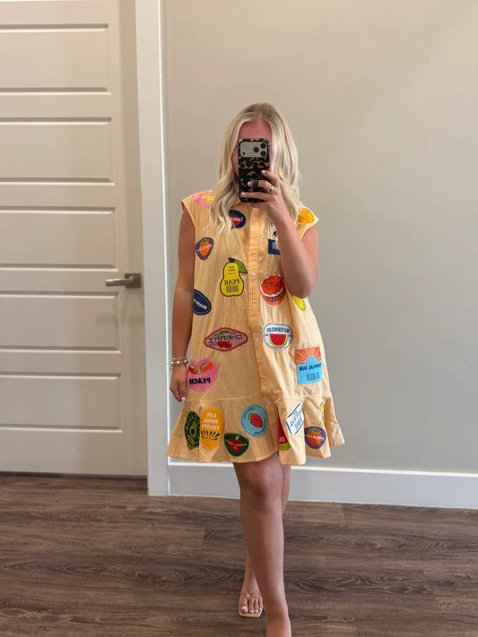 Yellow Gingham Fruit Sticker Button Up Collar